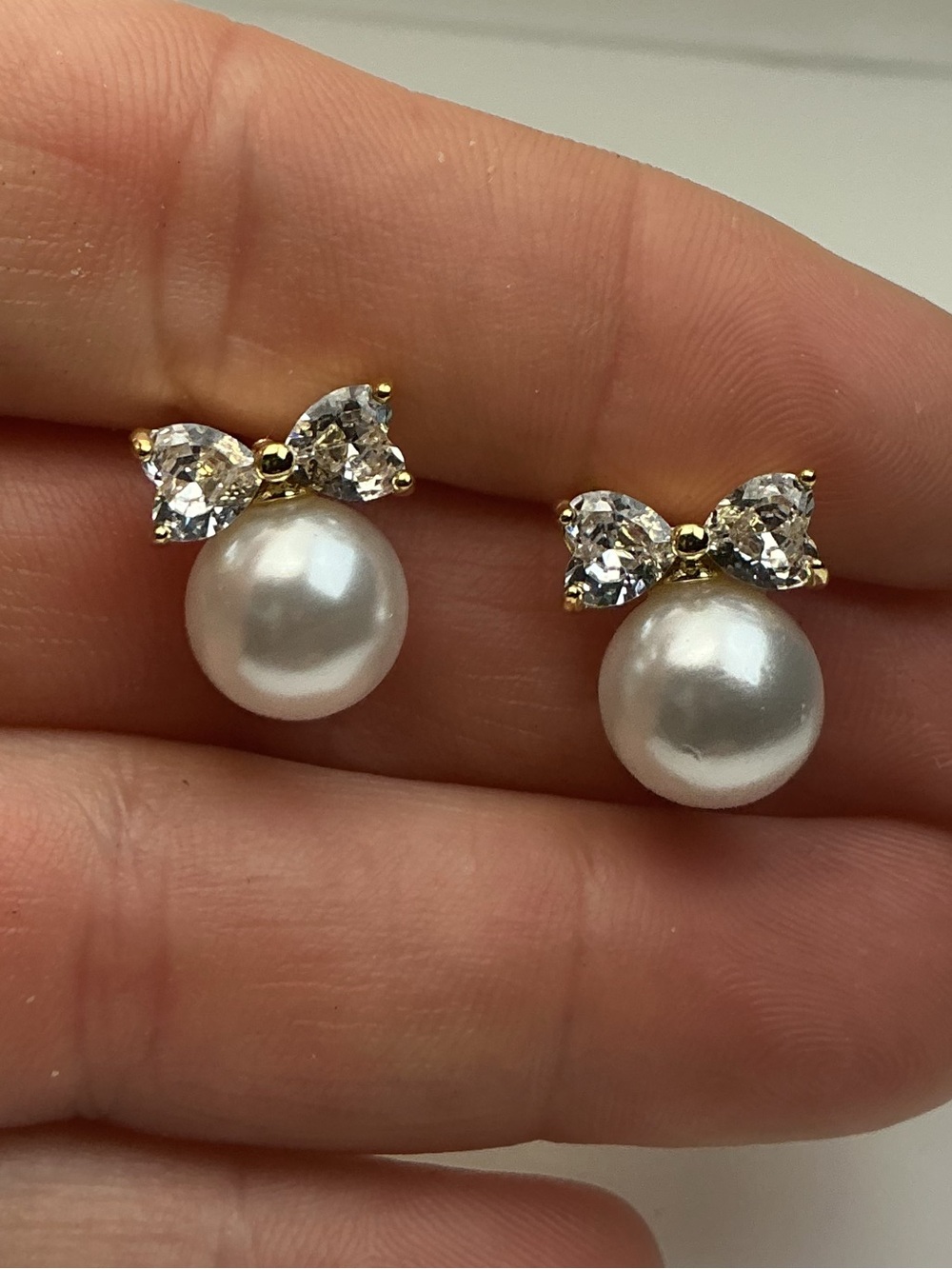 Pearl Bow Stud Earrings Gold Tone Clear Stone Elegant Dainty Earrings